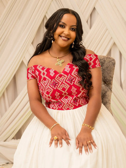 Off-Shoulder Habesha Dress Red Embroidery Ethiopian Wedding Dress Short Sleeve Habesha Kemis 658