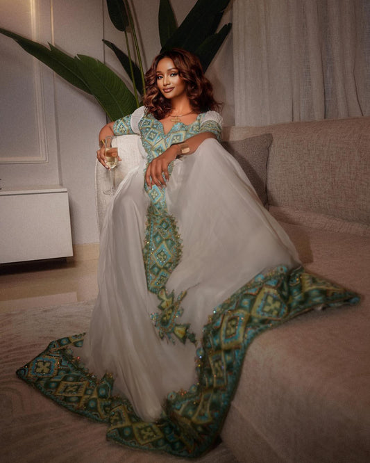 Off Shoulder Teal Embroidery Habesha Kemis Traditional Ethiopian Dress Graceful Habesha Dress 715