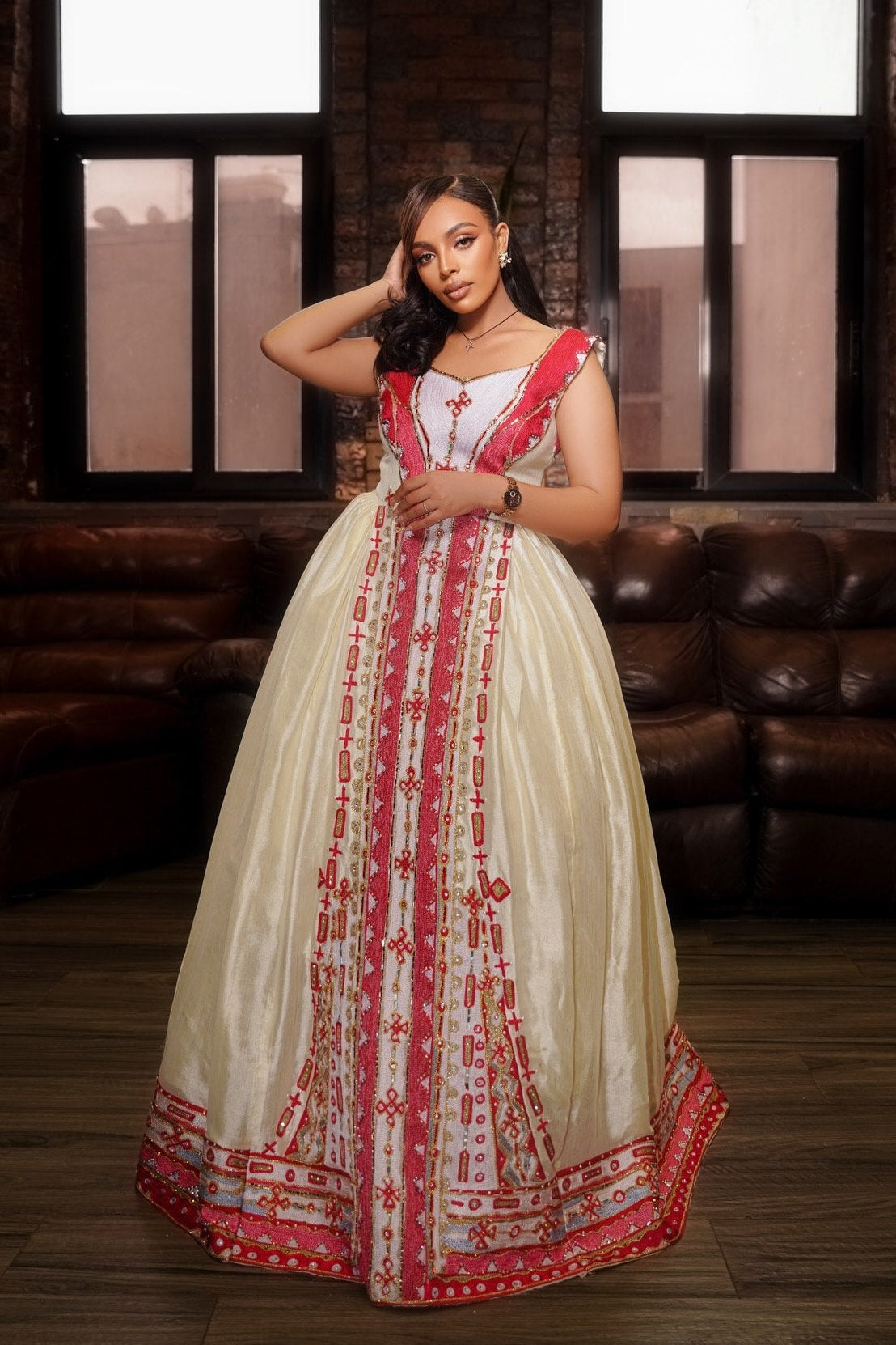 Ethiopian Wedding Dress Red Embroidery Habesha Kemis Traditional Ethiopian Clothing 736