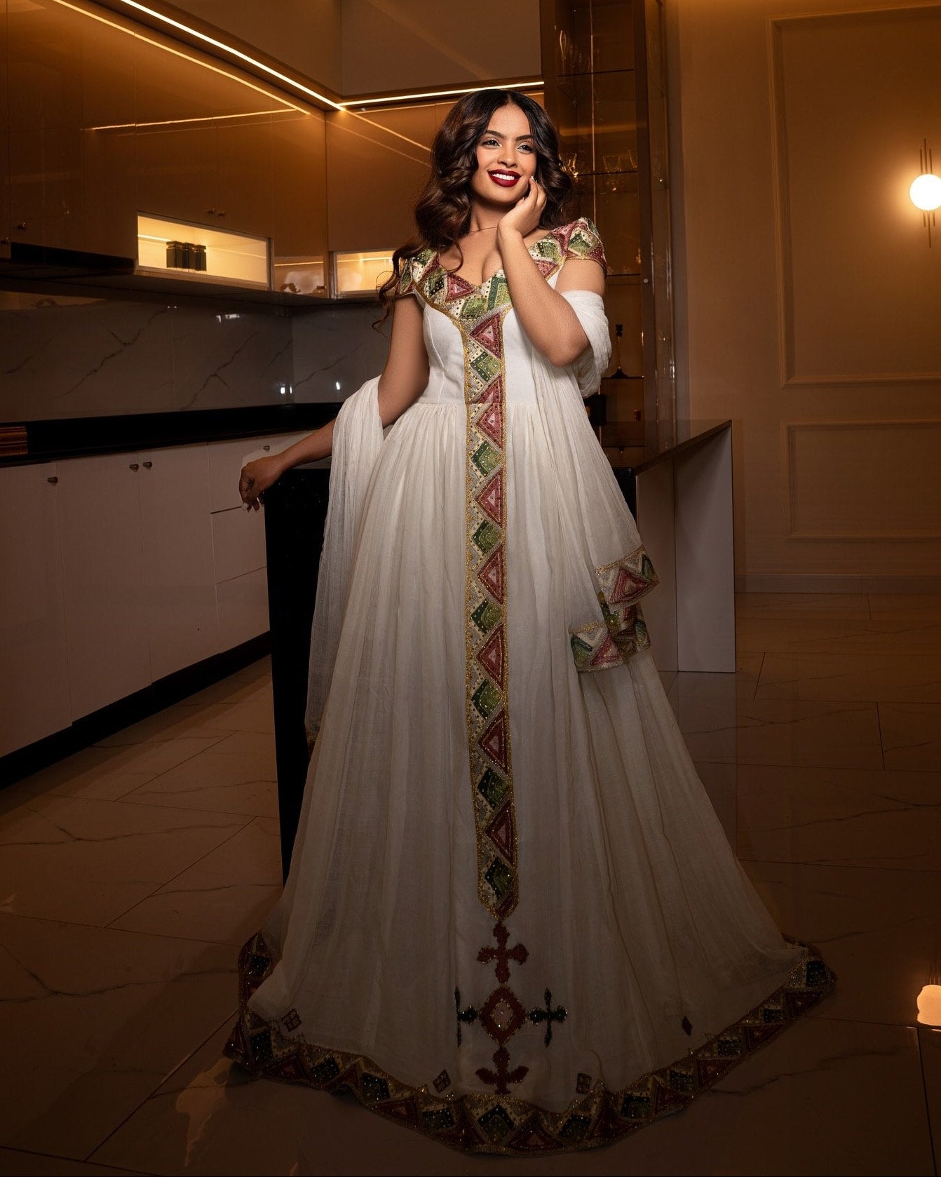 Ethiopian Clothing For Event V-neckline Habesha Kemis  Handwoven Design Habesha Dress 754