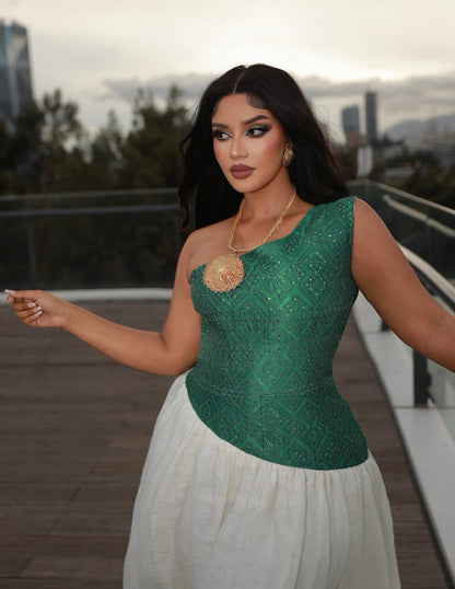 Stylish Habesha Kemis Green Woven Bodice and Hem Habesha Dress Sleeveless Ethiopian Dress 766