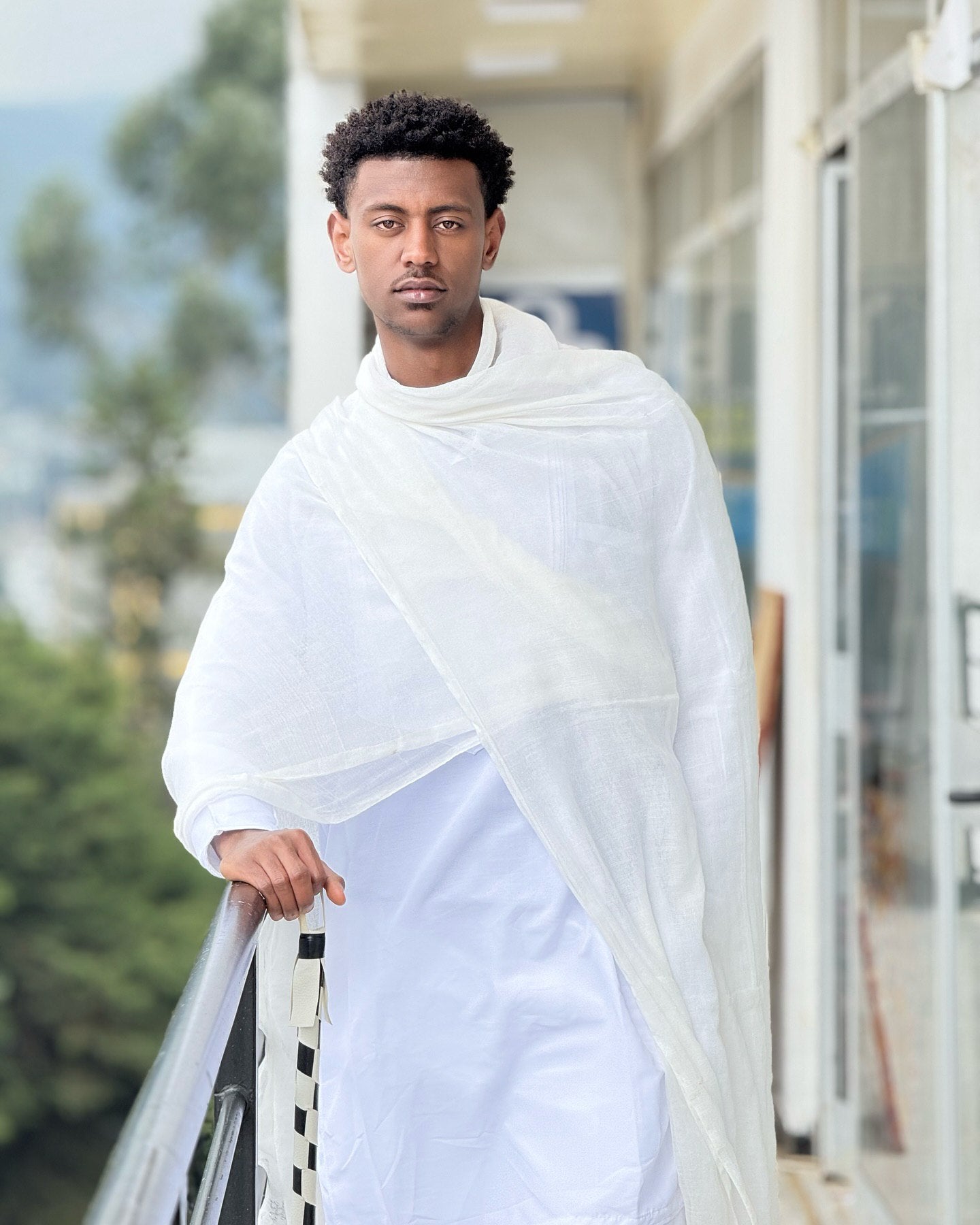 Classic Ethiopian Men’s Traditional Clothing White Outfit with Netela Cultural Men's Outfit Includes Pants and Shoes 0071