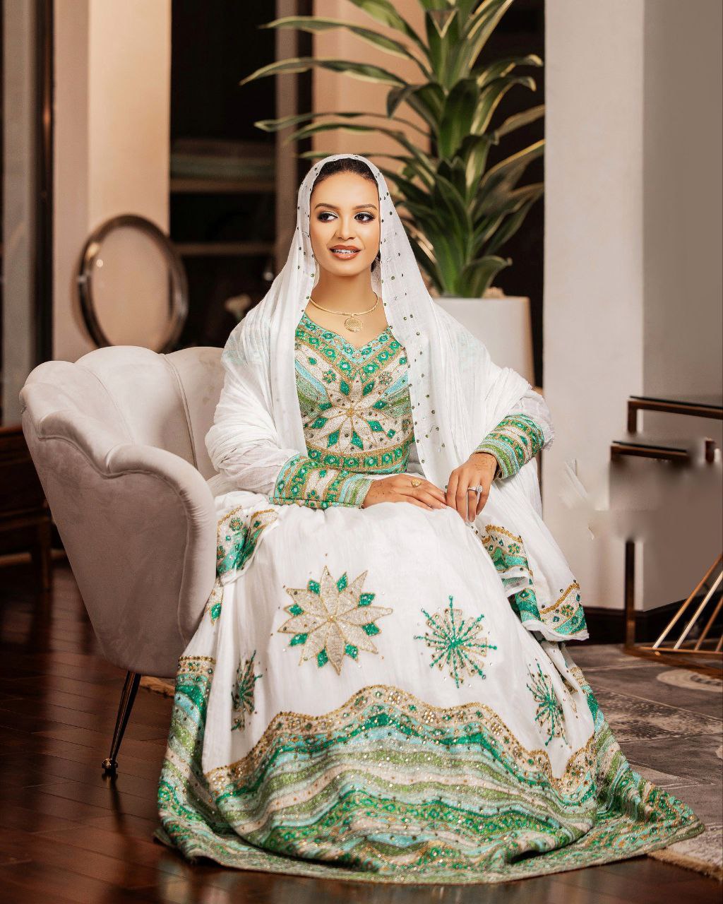 Ethiopian Traditional Matching Couple's Outfit Green and Gold Embroidery Matching Set Ethiopian Couple's Wear 0080