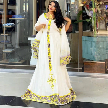 Cultural Ethiopian Dress For Special Celebrations Yellow & Purple Tibeb Habesha Kemis  Soft Handwoven Habesha Dress 0090
