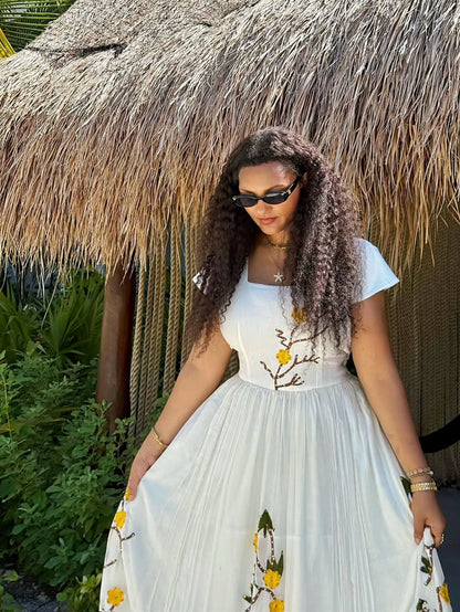 Yellow Floral Habesha Kemis Graceful Ethiopian Traditional Dress  Nature-Inspired Embroidery Habesha Dress 0099