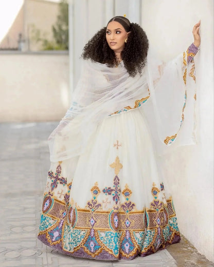 Traditional Ethiopian Wedding Dress Elegant Habesha Kemis for Brides Vibrant Embroidery Habesha Dress131