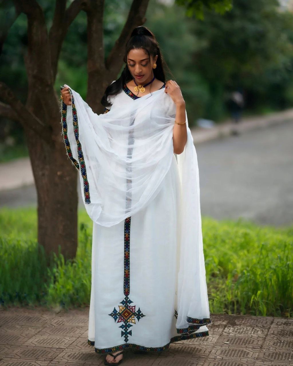 Classic White Habesha Dress Minimalist Multicolor Cross Design Ethiopian Clothing Traditional  Elegance Habesha Kemis 144
