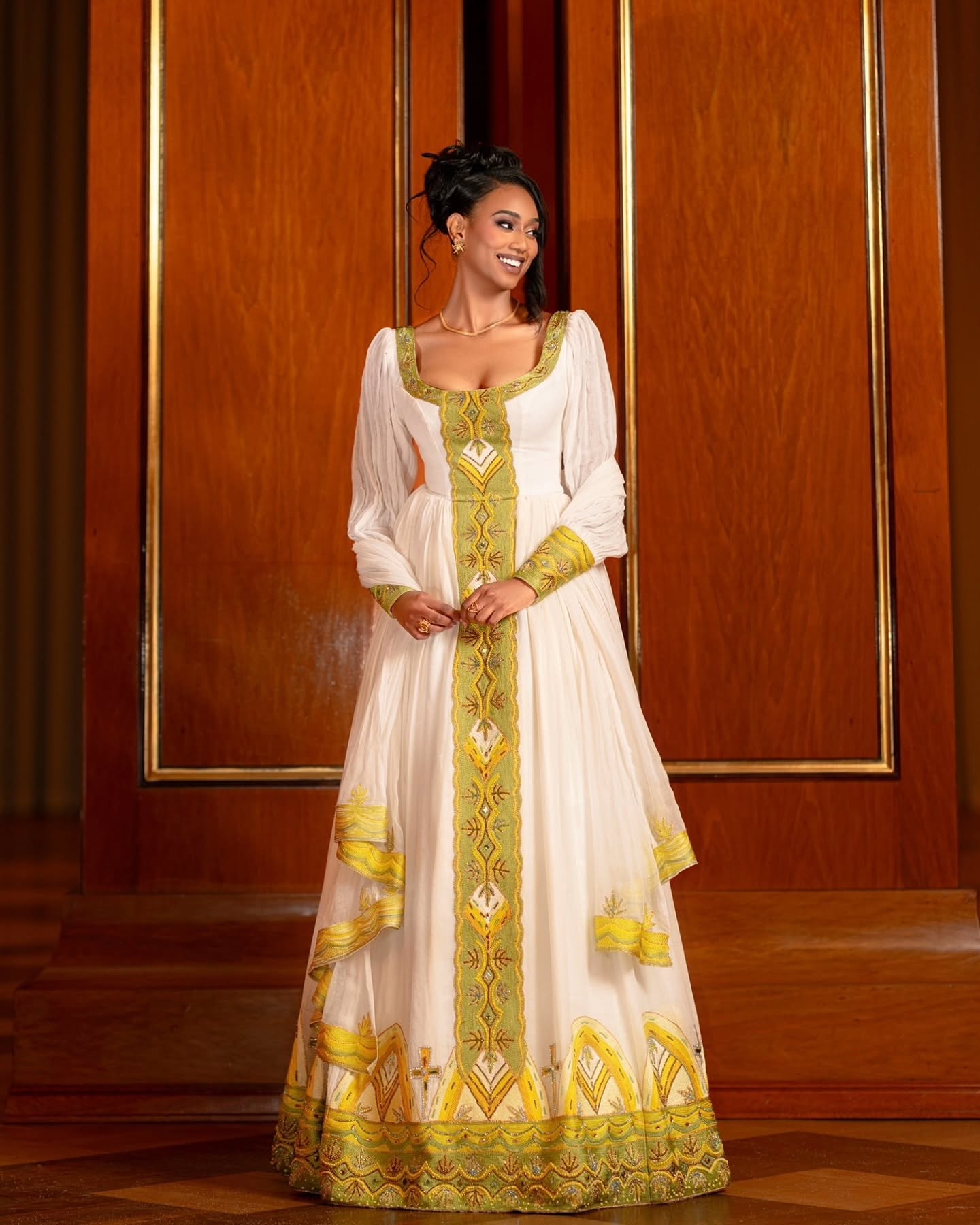 Elegant Ethiopian Traditional Dress Gold Embroidered Habesha Kemis S