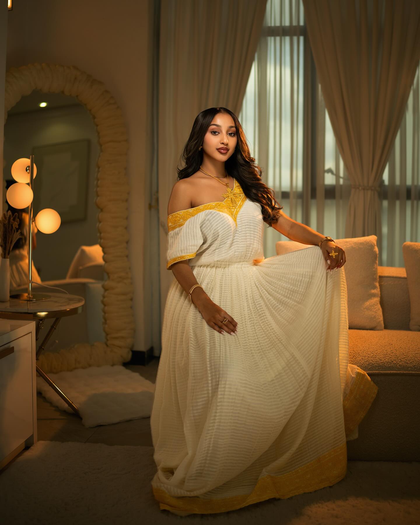Ethiopian Traditional Dress White and Yellow Embroidered Habesha Kemis Simple Habesha Dress 177