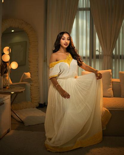 Ethiopian Traditional Dress White and Yellow Embroidered Habesha Kemis Simple Habesha Dress 177