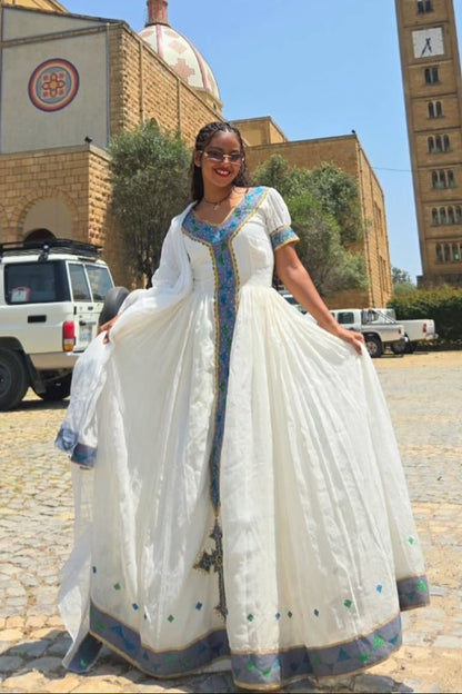 White Habesha Kemis Blue and Green Embroidery Traditional Ethiopian Clothing Handwoven Habesha Dress 197