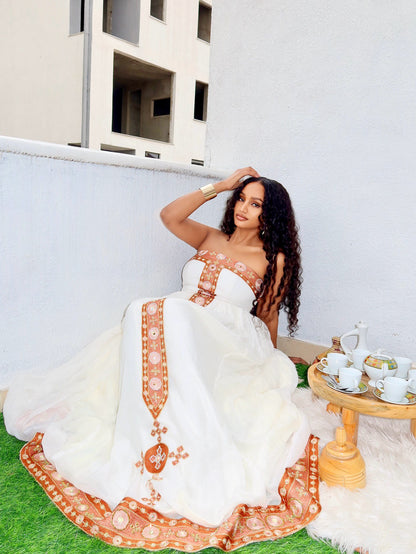 Strapless Habesha Kemis Red and Gold Embroidery Habesha Dress Elegant Ethiopian Clothing 200