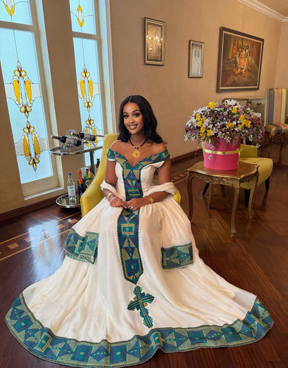 Off Shoulder Ethiopian Clothing Cross Embroidery Habesha Kemis Ethiopian Traditional Habesha Dress 201