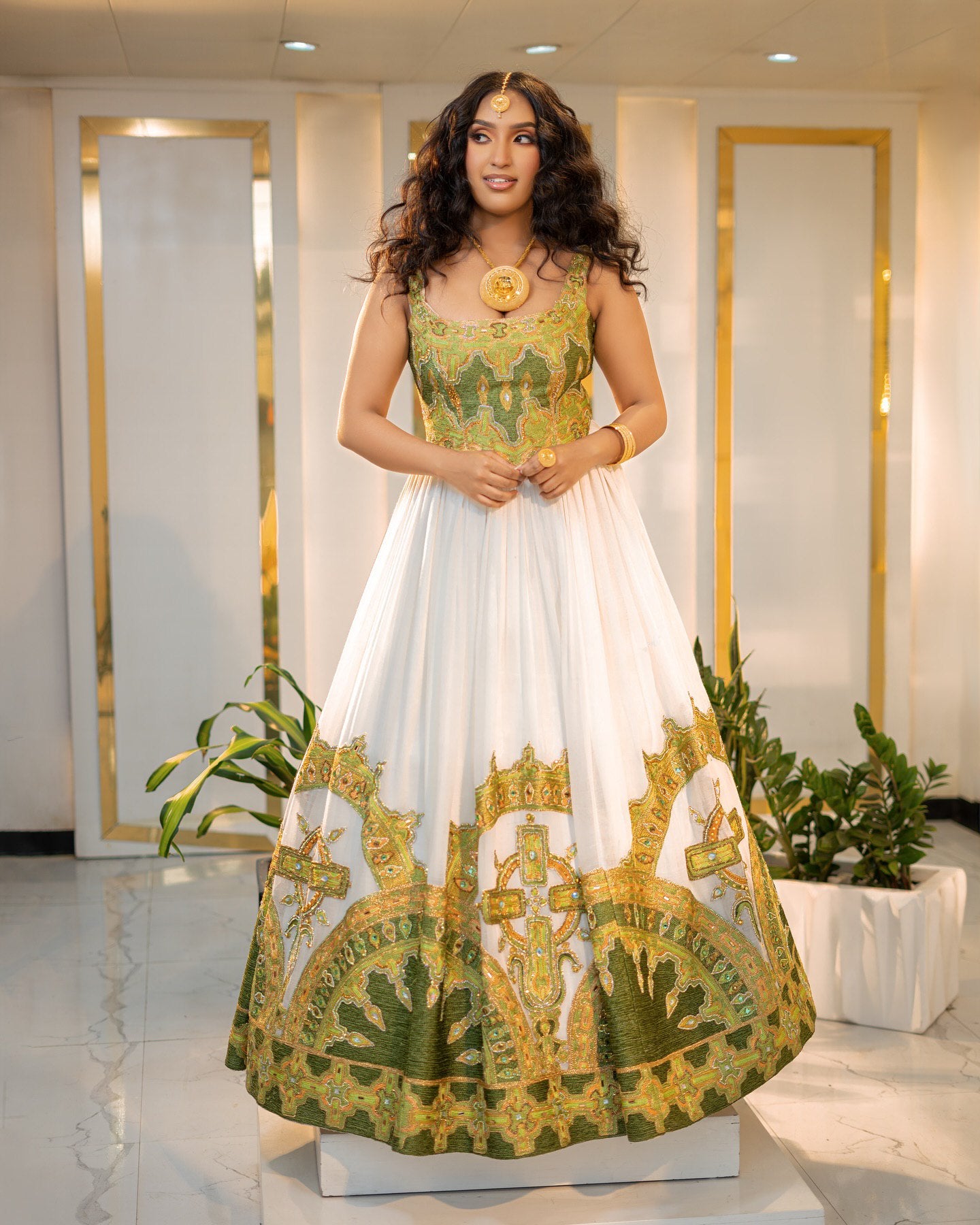 Green & Gold Sleeveless Habesha Wedding Dress – Traditional Ethiopian Clothing