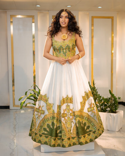 Green & Gold Sleeveless Habesha Wedding Dress – Traditional Ethiopian Clothing