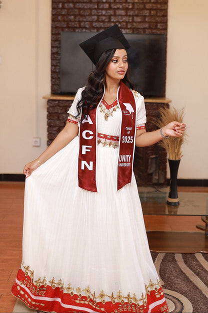 Habesha Kemis Short Sleeve Habesha Dress with Red Embroidery  Ethiopian Clothing