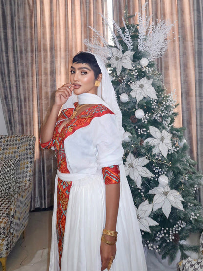 Ivory Gown with Red Embroidery Habesha Kemis Traditional Ethiopian Dress Flowing Design Habesha Dress 430