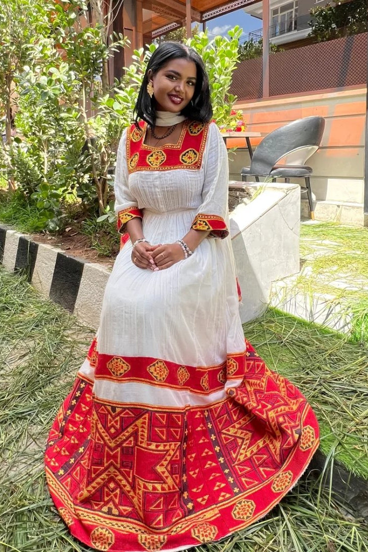 Authentic Ethiopian Clothing Collection Classic Habesha Dress Red Woven Habesha Kemis 444