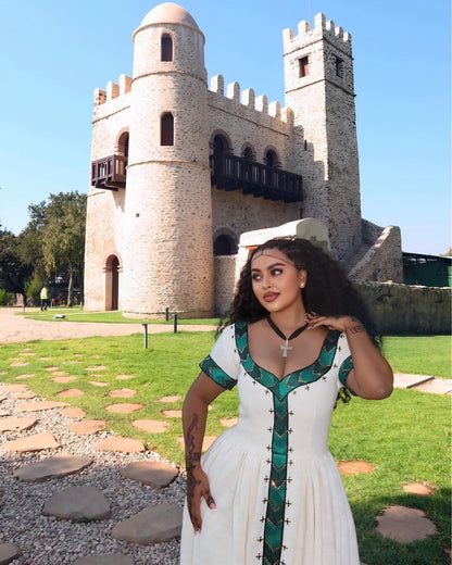 Short Sleeve Habesha Kemis Green Embroidery Habesha Dress Ethiopian Traditional Dress 462