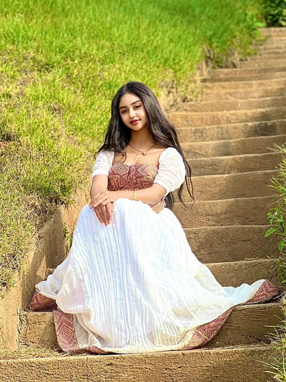 Graceful Habesha Dress Woven Bodice and Flowing White Silhouette habesha Kemis Ethiopian Clothing 471