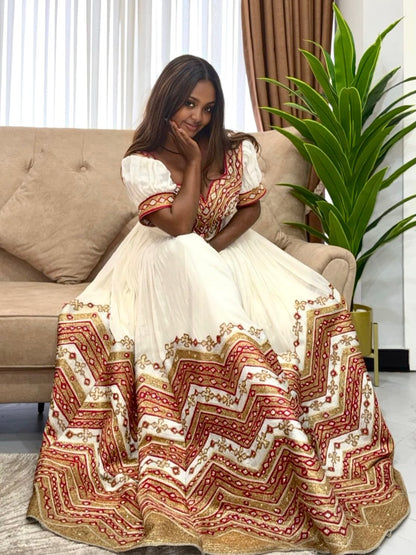Ethiopian Wedding Dress Short Sleeve Habesha Kemis Golden Embroidery Habesha Dress 484