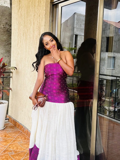 Habesha Dress Style in Purple Habesha Kemis for Cultural Celebrations Strapless Ethiopian Clothing 548