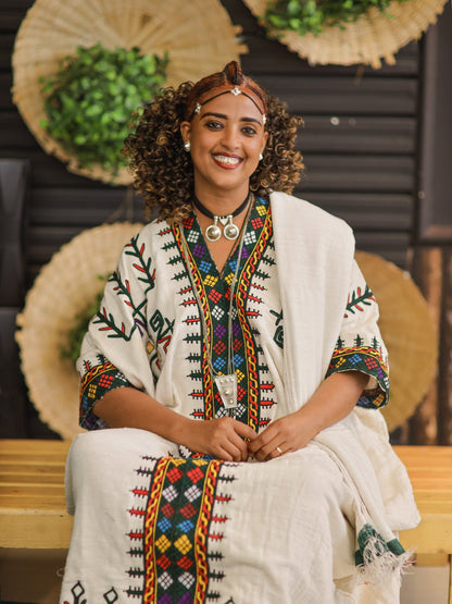 Ivory Habesha Dress Colorful Embroidery Habesha Kemis Timeless Ethiopian Clothing Style 566
