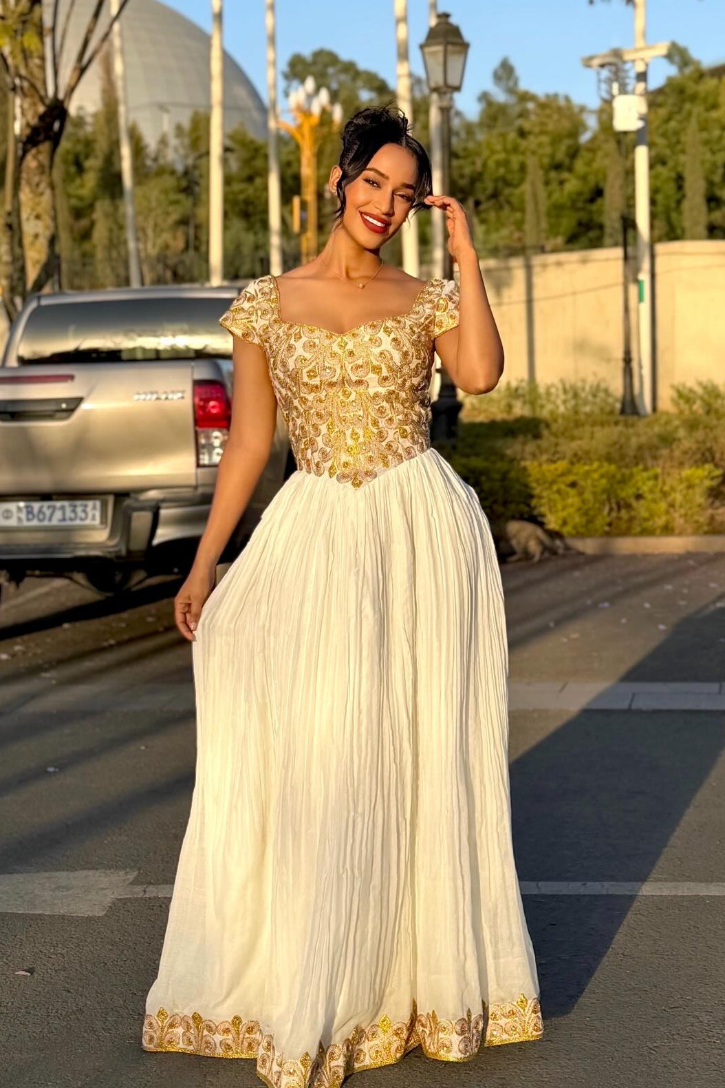 Elegant Traditional Ethiopian Dress with Golden Embroidery