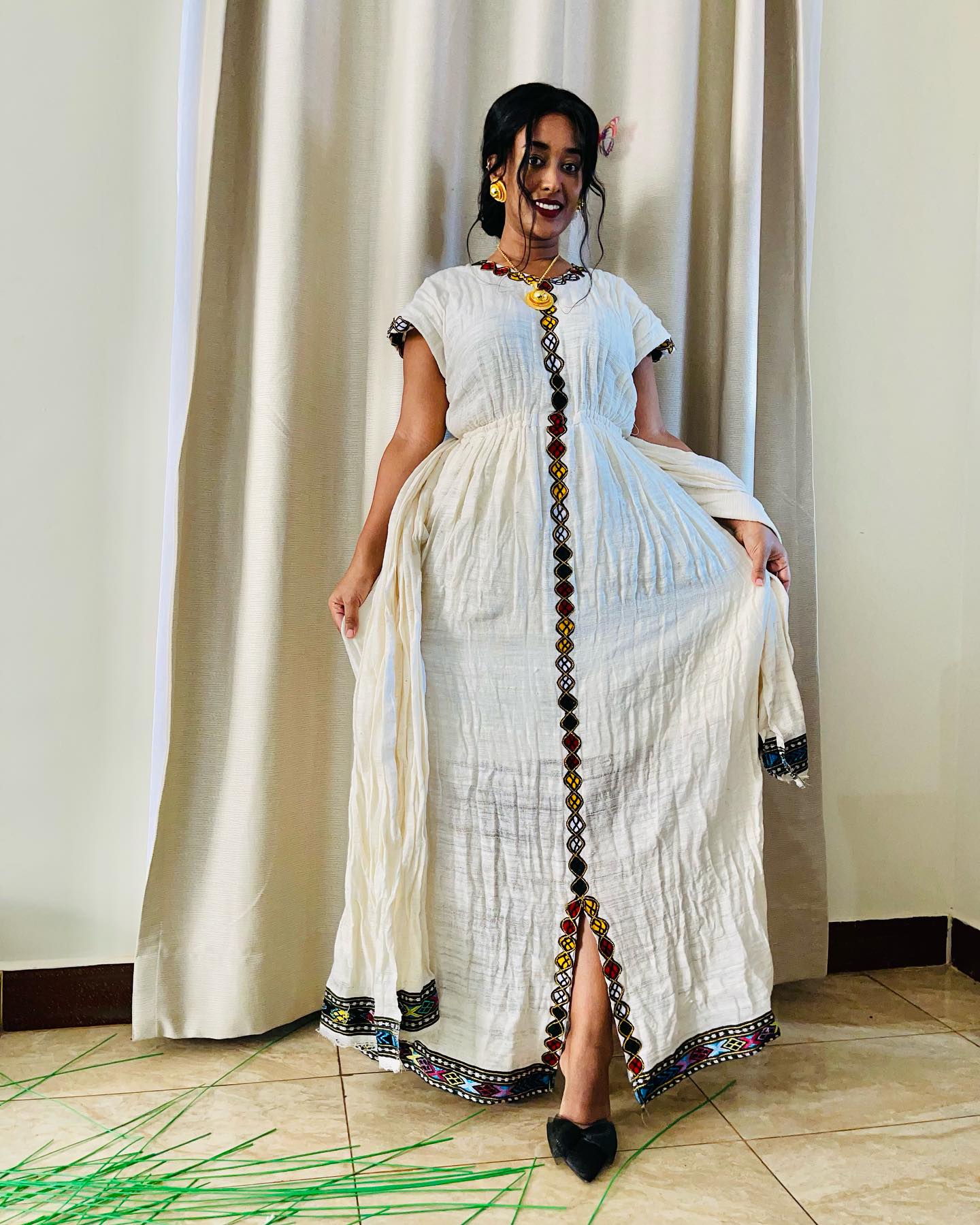 Multicolor Embroidery Habesha Kemis Short Sleeve Ethiopian Traditional Clothing Simple Pattern Habesha Dress 586