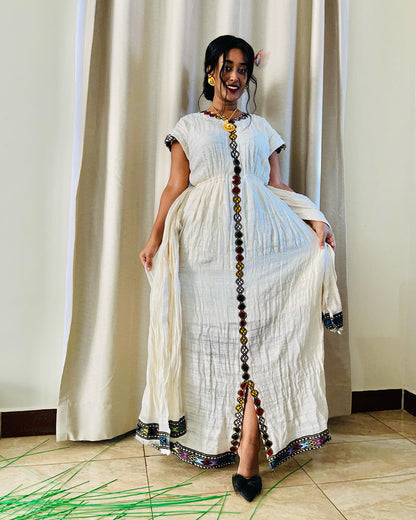 Multicolor Embroidery Habesha Kemis Short Sleeve Ethiopian Traditional Clothing Simple Pattern Habesha Dress 586