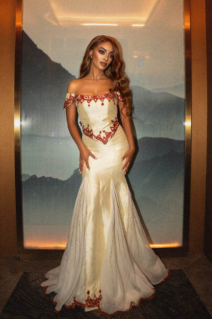 Off Shoulder Habesha Kemis Red Embroidery Ethiopian Wedding Dress