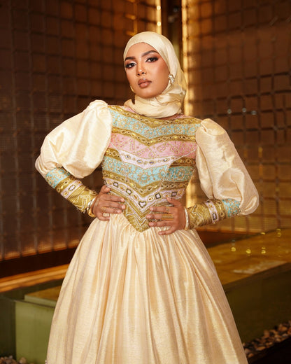 Puff Sleeve Habesha Dress Multicolor Embroidery Habesha Kemis Ethiopian Wedding Dress Style 638