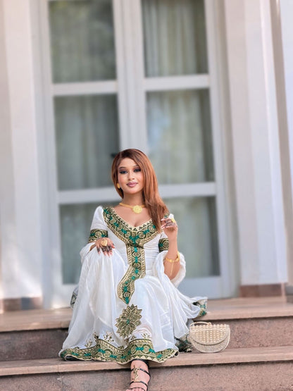 Green and Gold Habesha Dress Short Sleeve Habesha Kemis Timeless Ethiopian Clothing 642
