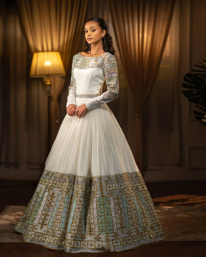 Long Sleeve Habesha Kemis Traditional Ethiopian Wedding Dress Gold And Mint Habesha Dress 643
