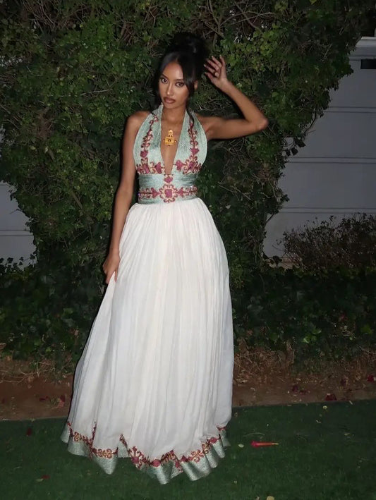 V-neckline Habesha Dress Sleeveless Habesha Kemis Beautiful Embroidery Ethiopian Clothing 679