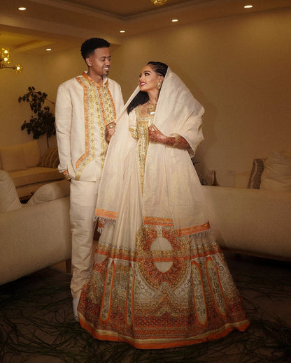 Habesha Couple Outfit White & Gold  Ethiopian Traditional Clothing Cultural Matching Set 735