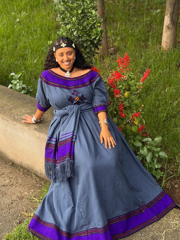 Majestic Indigo Habesha Kemis Royal Purple Tibeb Accents Habesha Dress Distinctive Ethiopian Heritage Detailing 1060