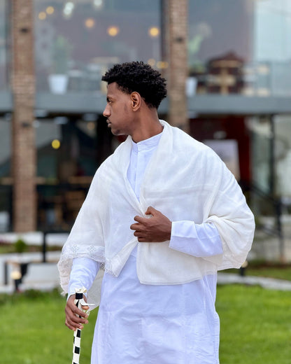 Classic Ethiopian Men’s Traditional Clothing White Outfit with Netela Cultural Men's Outfit Includes Pants and Shoes 0071