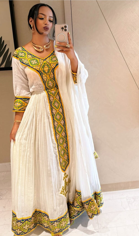 green and gold embroidery Habesha Dress Handwoven Habesha Kemis Festive Traditional Ethiopian Clothing 178