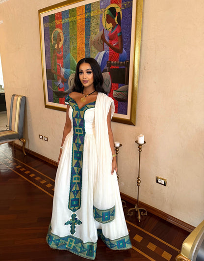 Off Shoulder Ethiopian Clothing Cross Embroidery Habesha Kemis Ethiopian Traditional Habesha Dress 201