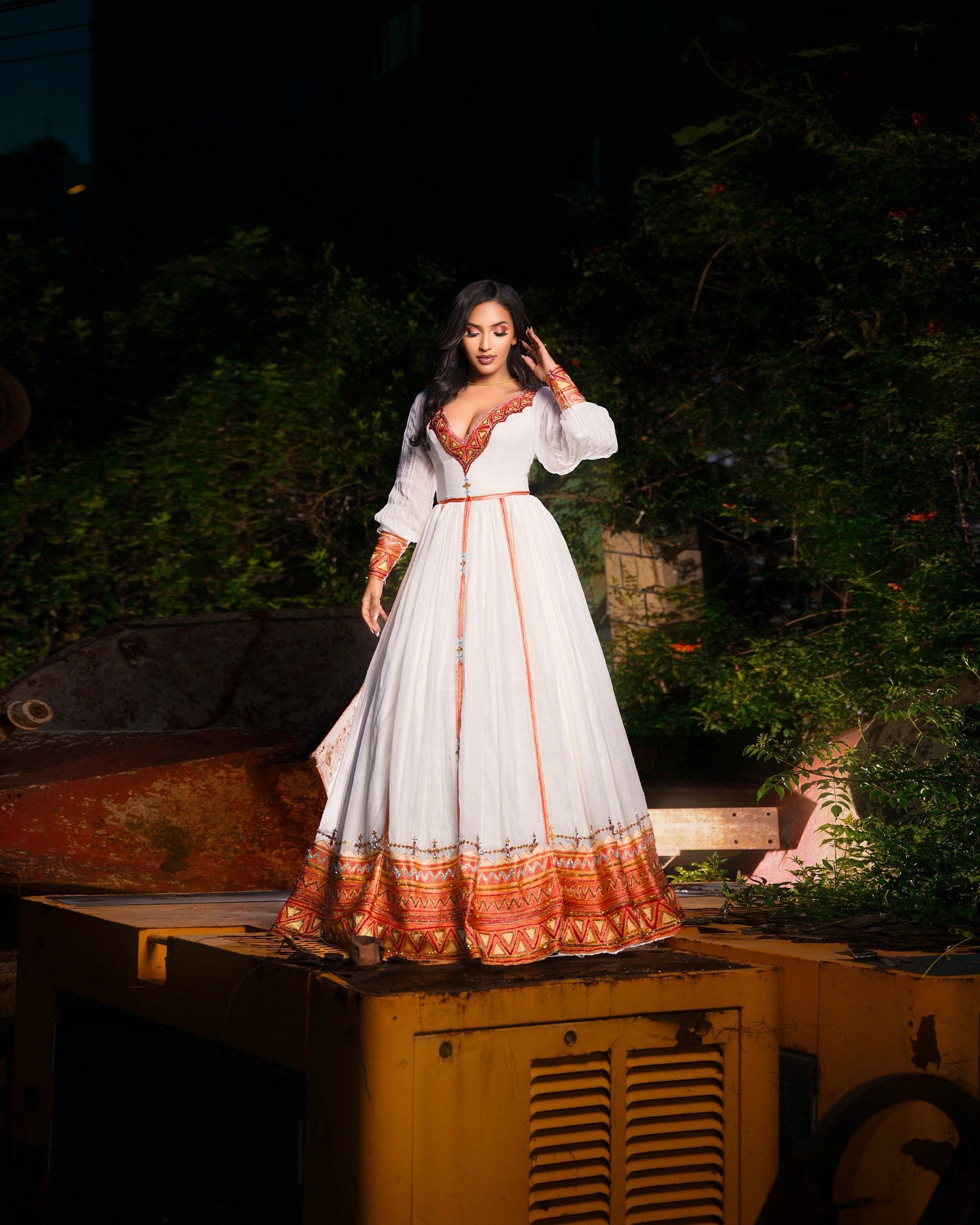 Red and Gold Embroidered Habesha Dress V-Neckline Habesha Kemis Ethiopian Wedding Dress 202