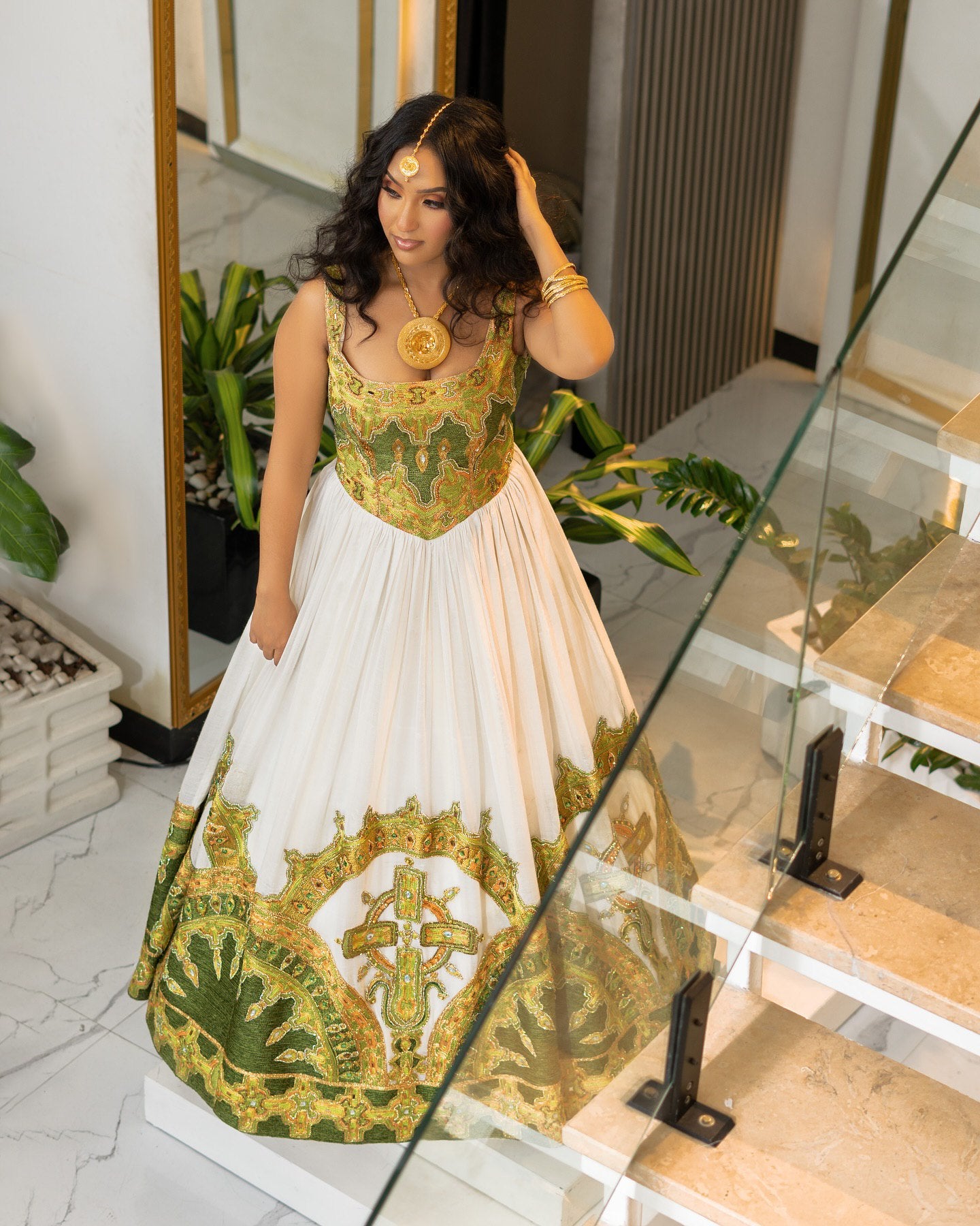 Green & Gold Ethiopian Wedding Dress Traditional Ethiopian Habesha Kemis Sleeveless Habesha Dress 204