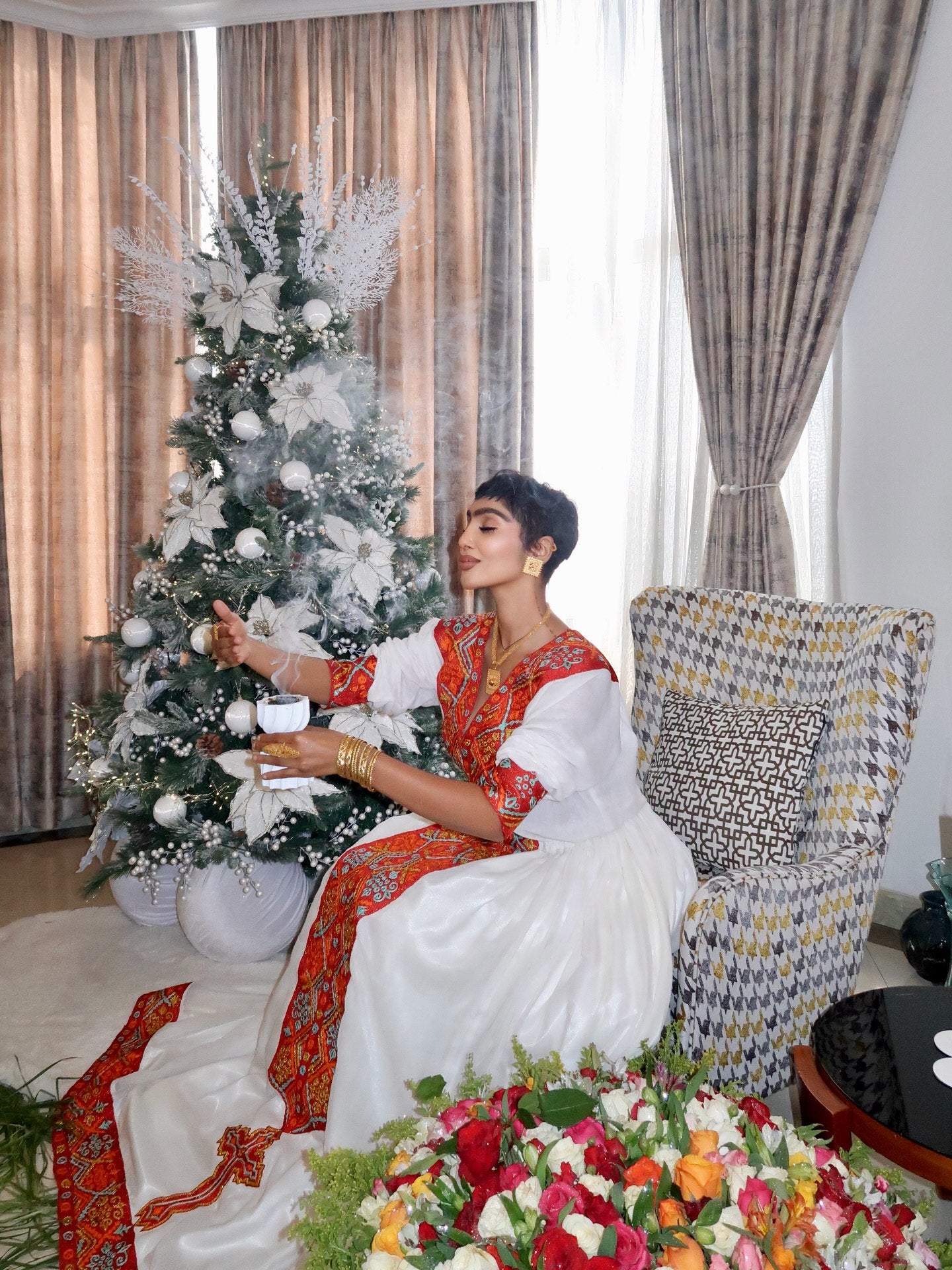 Ivory Gown with Red Embroidery Habesha Kemis Traditional Ethiopian Dress Flowing Design Habesha Dress 430