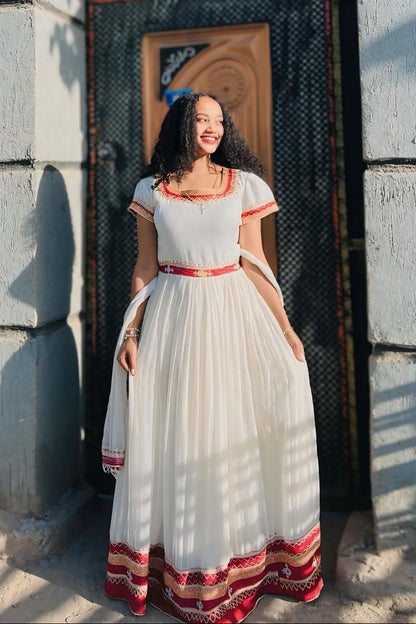White Habesha Kemis with Red Embroidery Traditional Ethiopian Dress