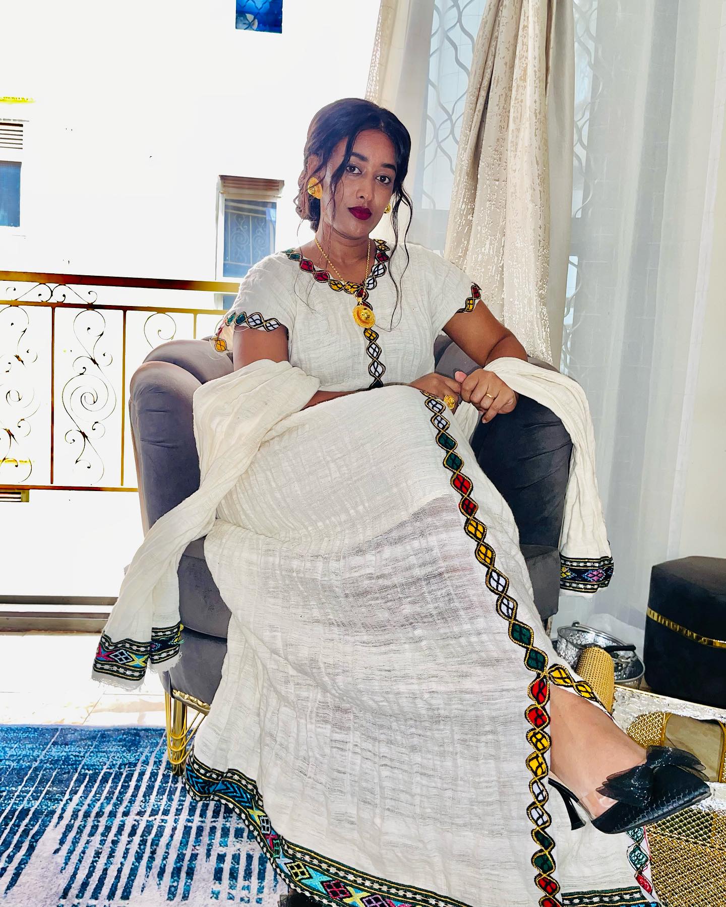 Multicolor Embroidery Habesha Kemis Short Sleeve Ethiopian Traditional Clothing Simple Pattern Habesha Dress 586