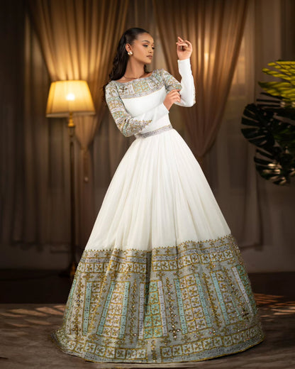 Long Sleeve Habesha Kemis Traditional Ethiopian Wedding Dress Gold And Mint Habesha Dress 643