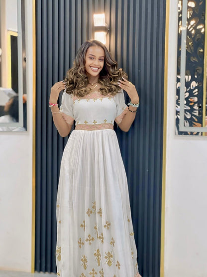 Pink Embroidery Habesha Kemis Short Sleeve Habesha Dress Traditional Ethiopian Dress For Festive 665