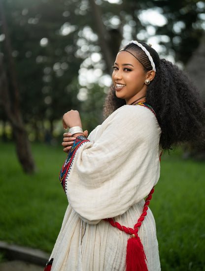 Stunning Traditional Habesha Kemis Red Tibeb Embroidery Habesha Dress Handwoven Ethiopian clothing 0070