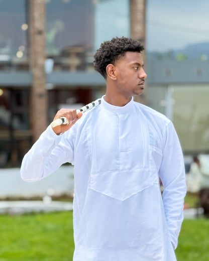 Classic Ethiopian Men’s Traditional Clothing White Outfit with Netela Cultural Men's Outfit Includes Pants and Shoes 0071