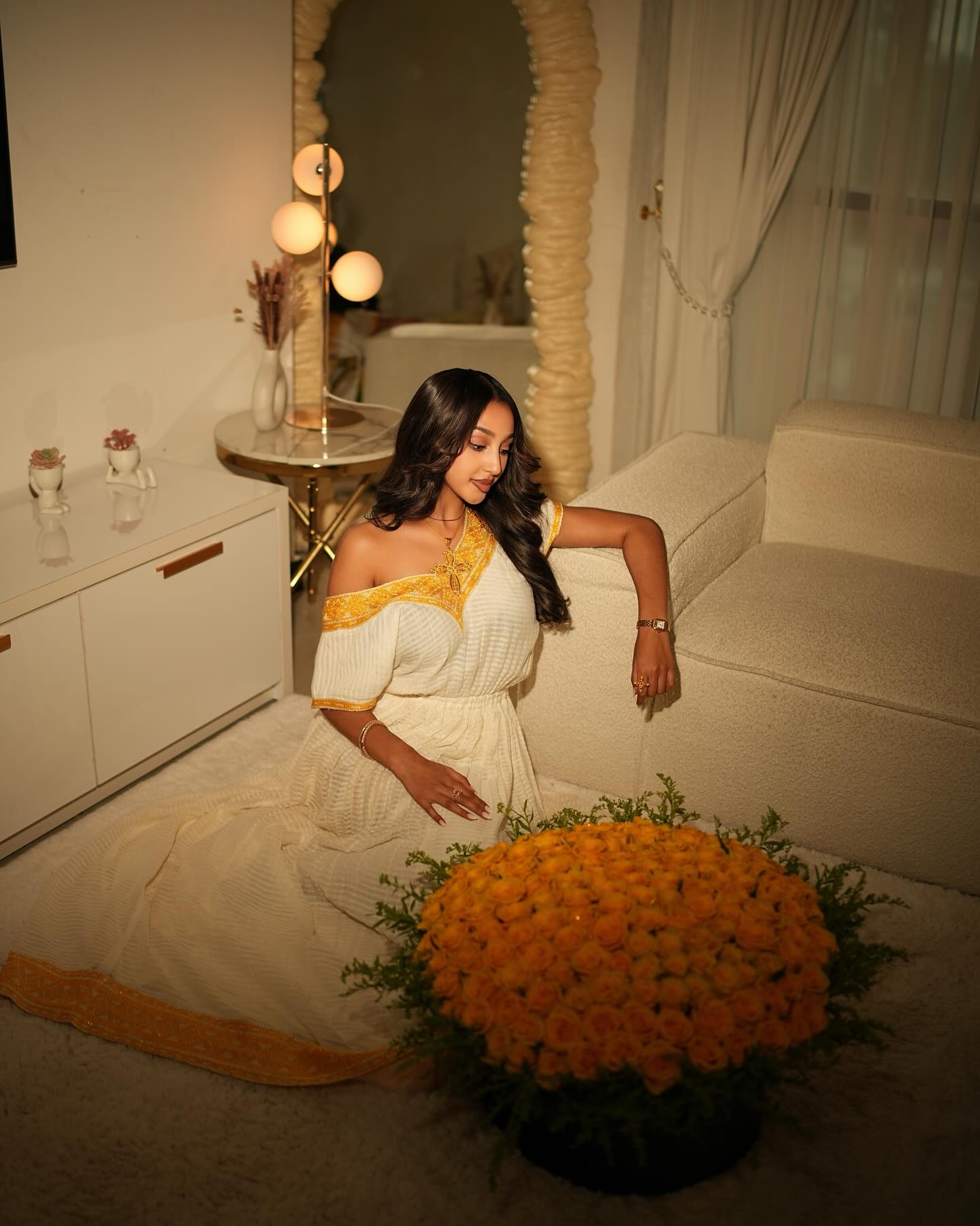 Ethiopian Traditional Dress White and Yellow Embroidered Habesha Kemis Simple Habesha Dress 177